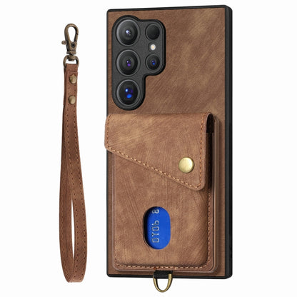 For Samsung Galaxy S25 Ultra 5G Retro Card Wallet Fold Leather Phone Case with Strap(Brown) by buy2fix
