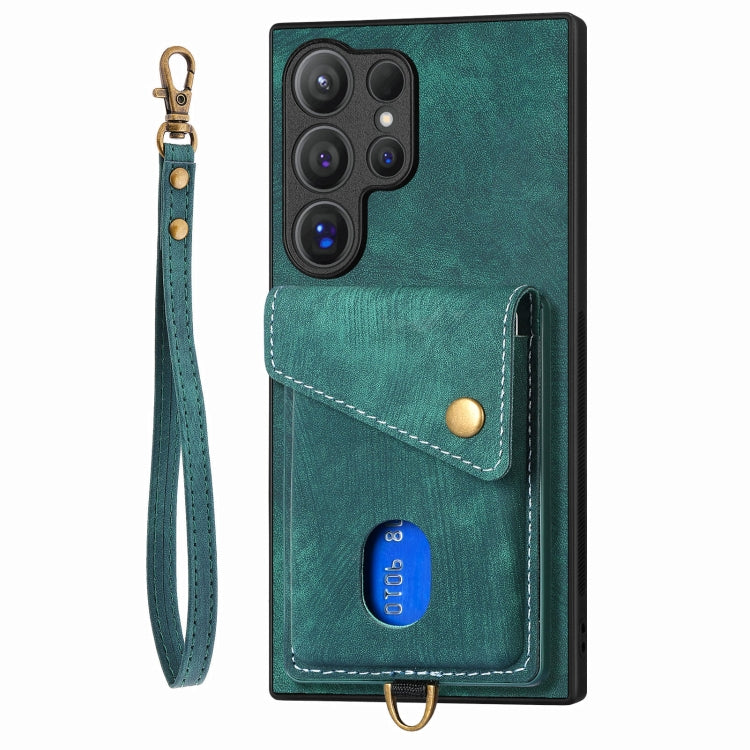 For Samsung Galaxy S25 Ultra 5G Retro Card Wallet Fold Leather Phone Case with Strap(Green) by buy2fix
