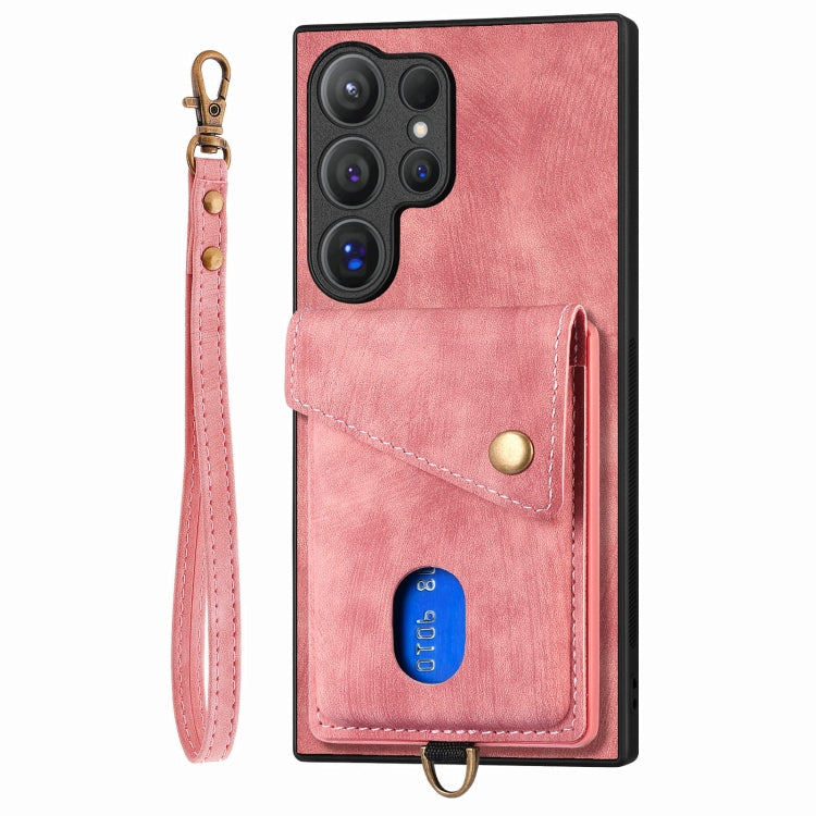 For Samsung Galaxy S25 Ultra 5G Retro Card Wallet Fold Leather Phone Case with Strap(Pink) by buy2fix