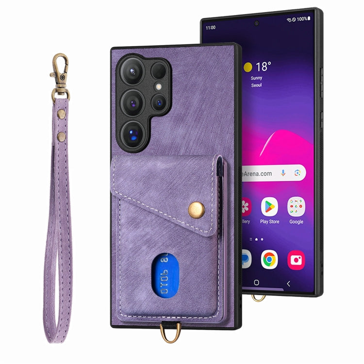 For Samsung Galaxy S25 Ultra 5G Retro Card Wallet Fold Leather Phone Case with Strap(Purple) by buy2fix
