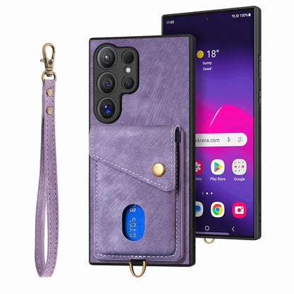 For Samsung Galaxy S25 Ultra 5G Retro Card Wallet Fold Leather Phone Case with Strap(Purple) by buy2fix