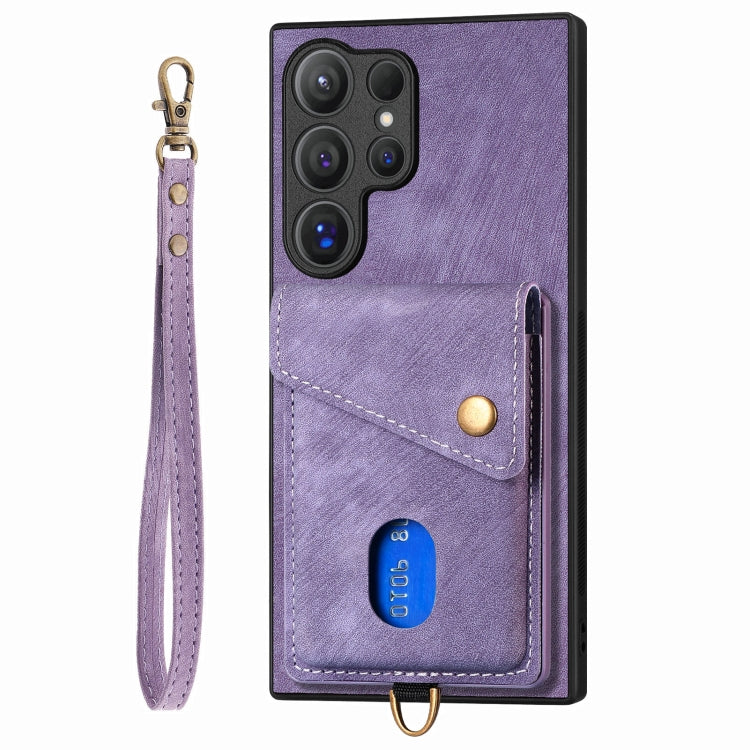 For Samsung Galaxy S25 Ultra 5G Retro Card Wallet Fold Leather Phone Case with Strap(Purple) by buy2fix