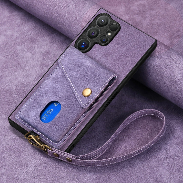 For Samsung Galaxy S25 Ultra 5G Retro Card Wallet Fold Leather Phone Case with Strap(Purple) by buy2fix