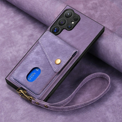 For Samsung Galaxy S25 Ultra 5G Retro Card Wallet Fold Leather Phone Case with Strap(Purple) by buy2fix