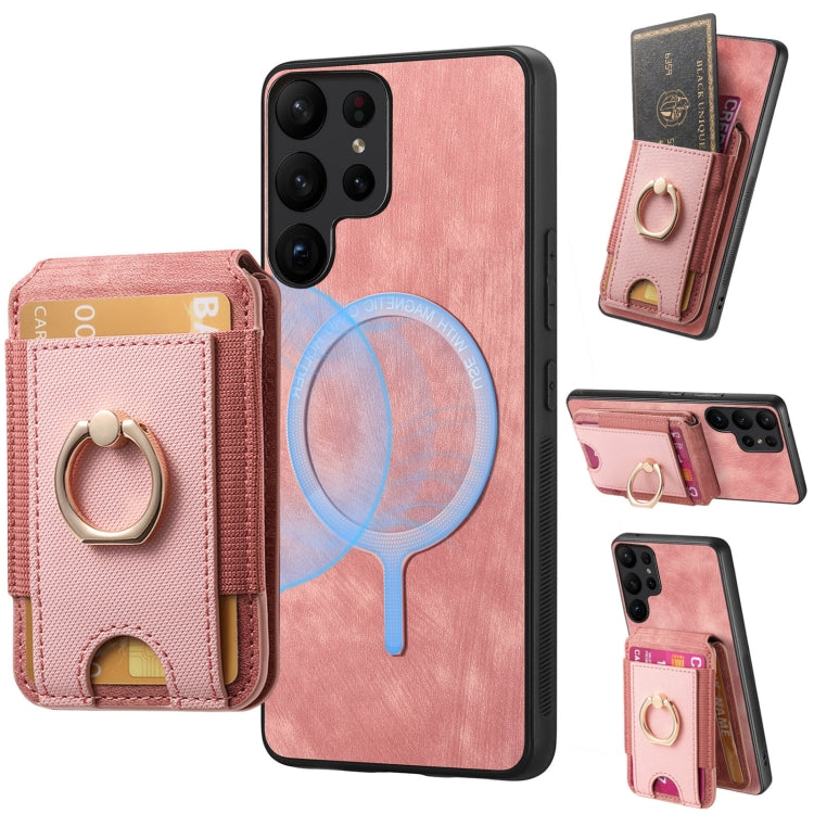 For Samsung Galaxy S25 Ultra 5G Retro Splitable Magnetic Stand Card Bag Leather Phone Case(Pink) by buy2fix