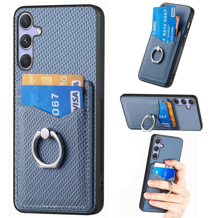For Samsung Galaxy S25 5G Carbon Fiber Card Wallet Ring Phone Case(Blue) by buy2fix
