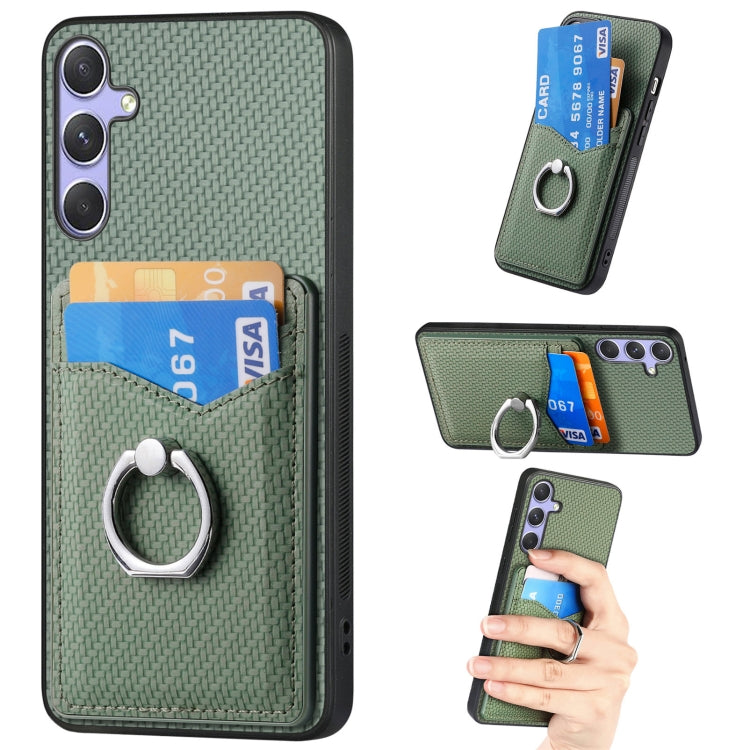 For Samsung Galaxy S25 5G Carbon Fiber Card Wallet Ring Phone Case(Green) by buy2fix