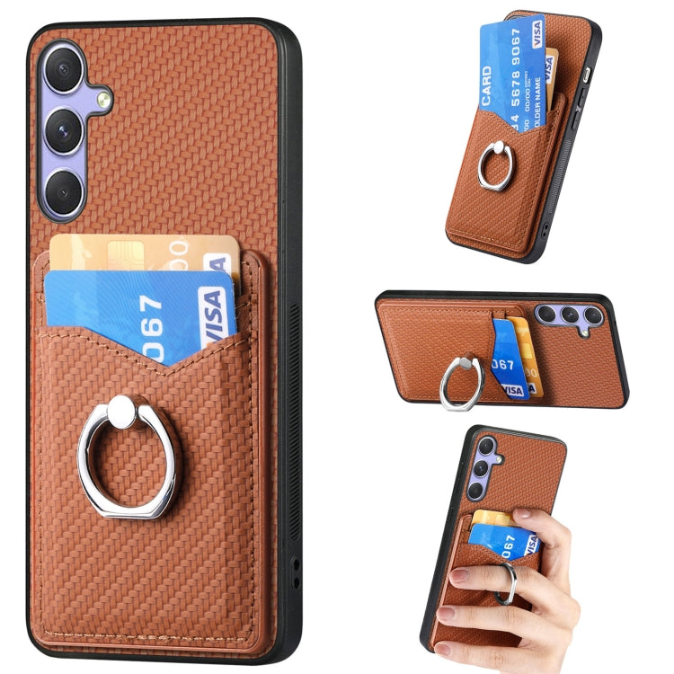 For Samsung Galaxy S25 5G Carbon Fiber Card Wallet Ring Phone Case(Brown) by buy2fix
