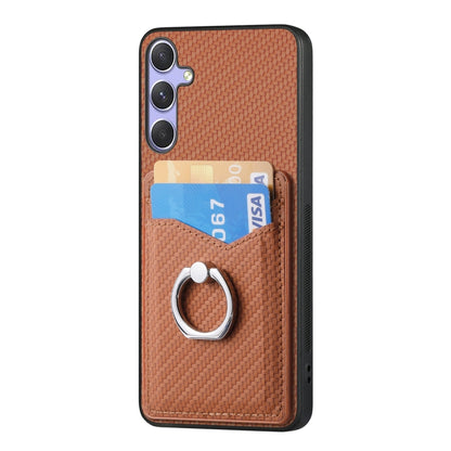 For Samsung Galaxy S25 5G Carbon Fiber Card Wallet Ring Phone Case(Brown) by buy2fix