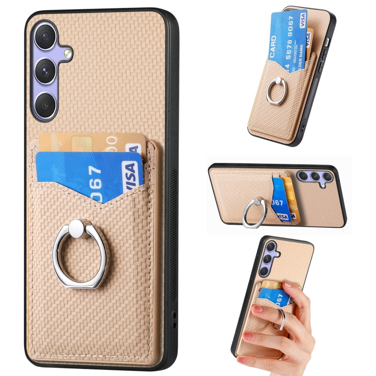 For Samsung Galaxy S25+ 5G Carbon Fiber Card Wallet Ring Phone Case(Khaki) by buy2fix