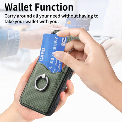 For Samsung Galaxy S25 5G Carbon Fiber Card Wallet Ring Phone Case(Khaki) by buy2fix