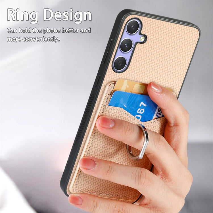 For Samsung Galaxy S25+ 5G Carbon Fiber Card Wallet Ring Phone Case(Khaki) by buy2fix