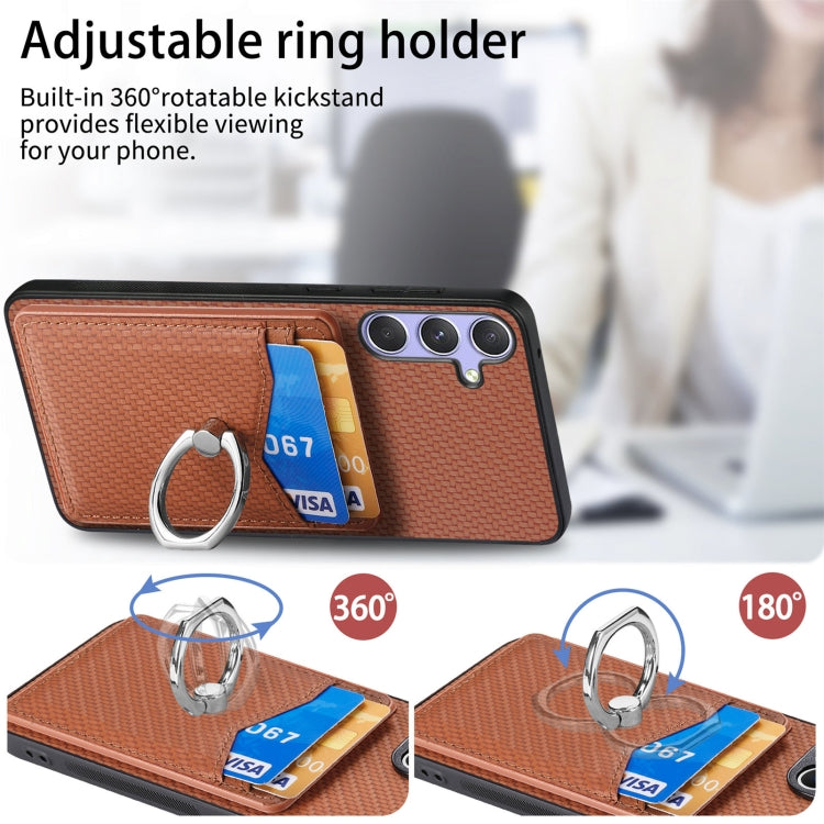 For Samsung Galaxy S25+ 5G Carbon Fiber Card Wallet Ring Phone Case(Khaki) by buy2fix