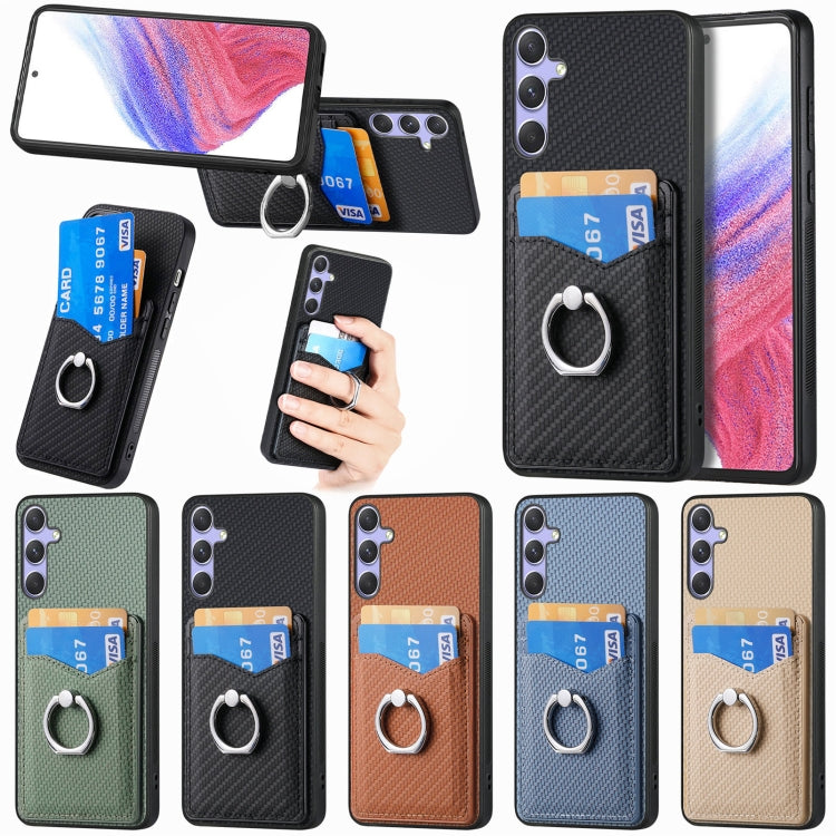 For Samsung Galaxy S25+ 5G Carbon Fiber Card Wallet Ring Phone Case(Khaki) by buy2fix