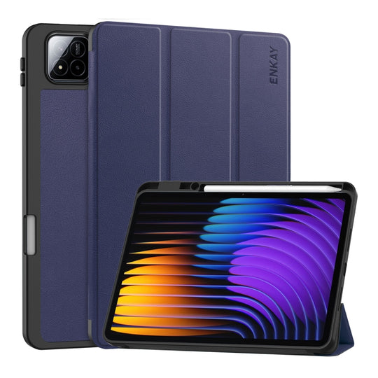 For Xiaomi Pad 7 / 7 Pro 11.2 ENKAY Tri-fold Custer Texture TPU Leather Smart Tablet Case with Pen Slot(Dark Blue)