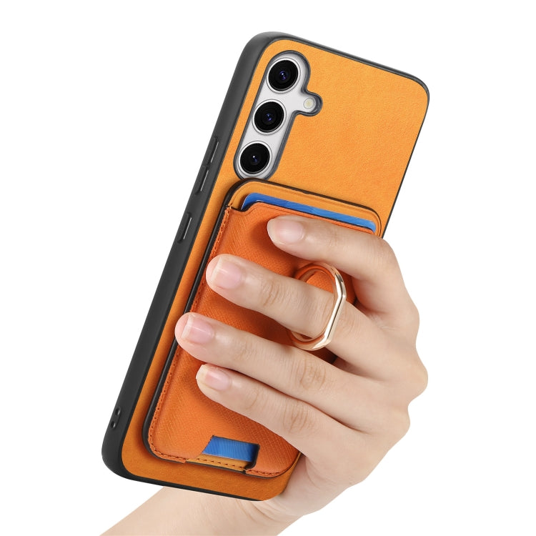 For Samsung Galaxy S25 5G Retro Cross Leather Ring Vertical Insert Card Bag MagSafe Phone Case(Yellow) by buy2fix