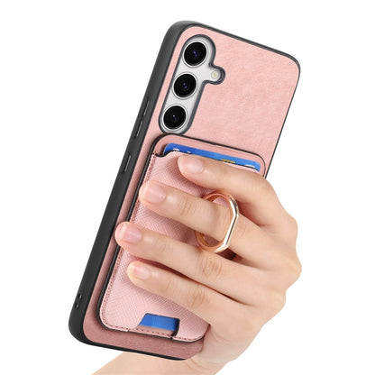 For Samsung Galaxy S25 5G Retro Cross Leather Ring Vertical Insert Card Bag MagSafe Phone Case(Pink) by buy2fix