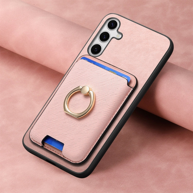 For Samsung Galaxy S25 5G Retro Cross Leather Ring Vertical Insert Card Bag MagSafe Phone Case(Pink) by buy2fix