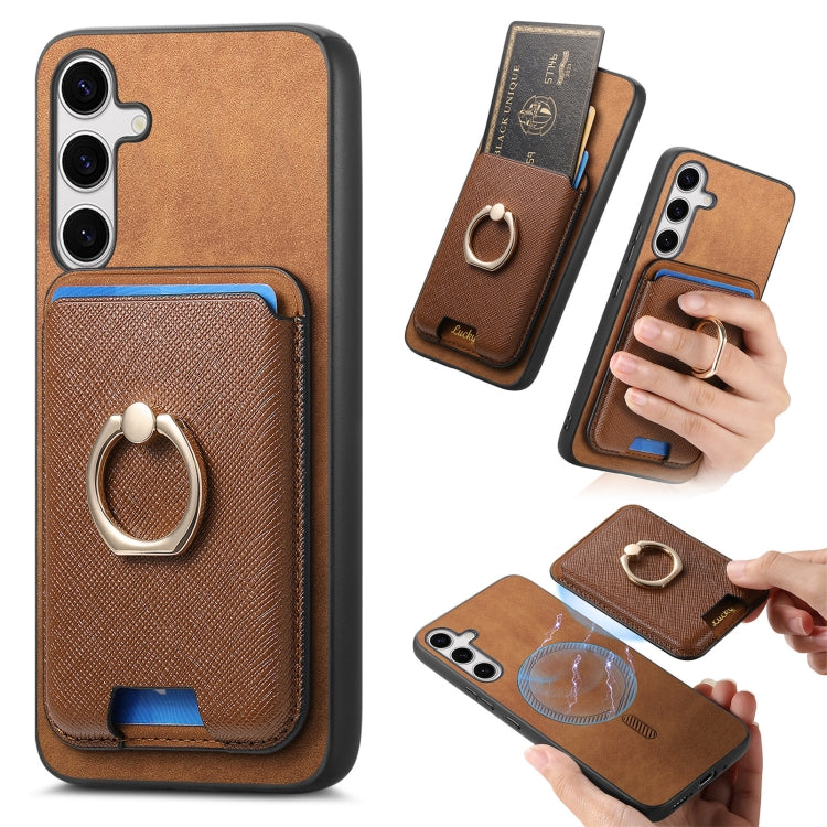 For Samsung Galaxy S25 5G Retro Cross Leather Ring Vertical Insert Card Bag MagSafe Phone Case(Brown) by buy2fix