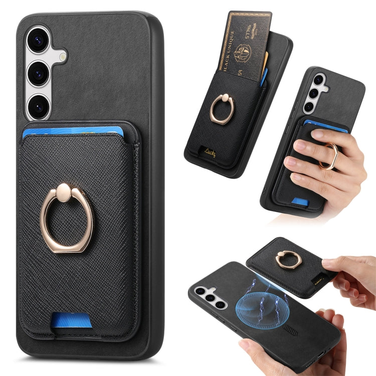 For Samsung Galaxy S25 5G Retro Cross Leather Ring Vertical Insert Card Bag MagSafe Phone Case(Black) by buy2fix