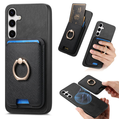 For Samsung Galaxy S25 5G Retro Cross Leather Ring Vertical Insert Card Bag MagSafe Phone Case(Black) by buy2fix