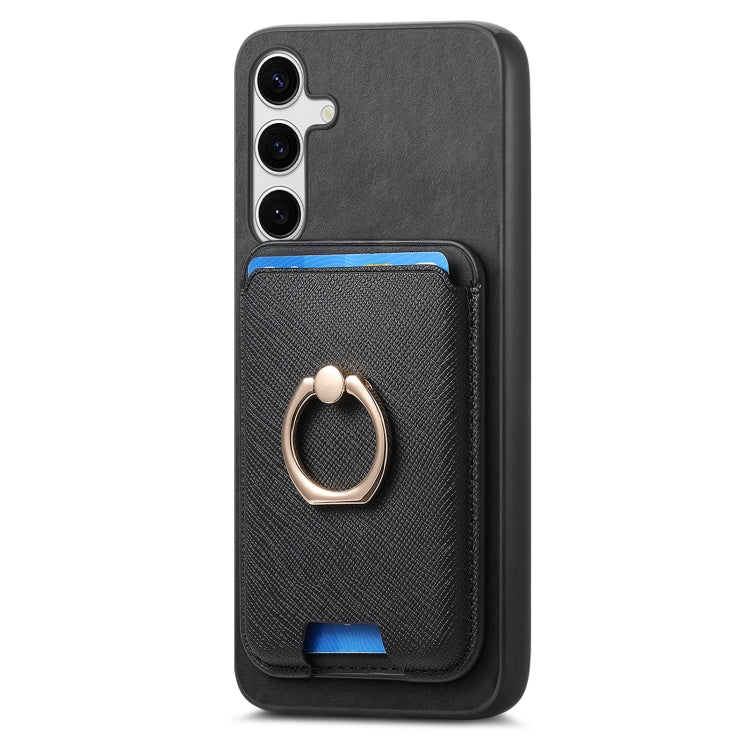 For Samsung Galaxy S25 5G Retro Cross Leather Ring Vertical Insert Card Bag MagSafe Phone Case(Black) by buy2fix