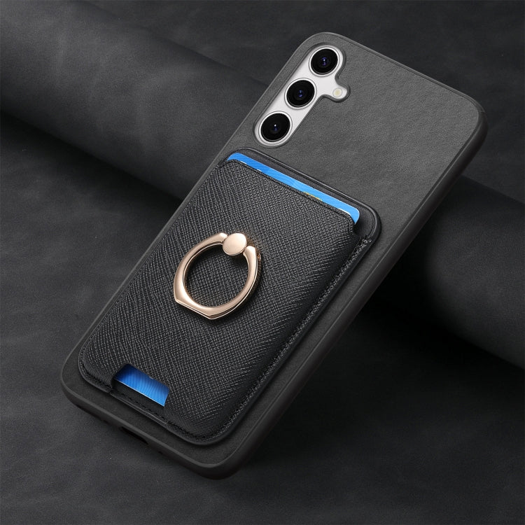 For Samsung Galaxy S25 5G Retro Cross Leather Ring Vertical Insert Card Bag MagSafe Phone Case(Black) by buy2fix