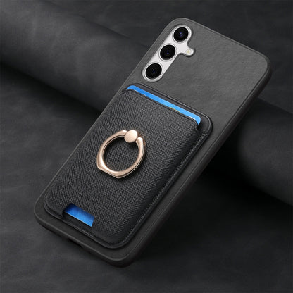 For Samsung Galaxy S25 5G Retro Cross Leather Ring Vertical Insert Card Bag MagSafe Phone Case(Black) by buy2fix