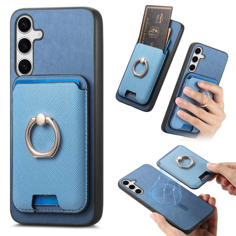 For Samsung Galaxy S25+ 5G Retro Cross Leather Ring Vertical Insert Card Bag MagSafe Phone Case(Blue) by buy2fix