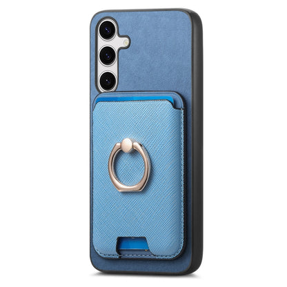For Samsung Galaxy S25+ 5G Retro Cross Leather Ring Vertical Insert Card Bag MagSafe Phone Case(Blue) by buy2fix