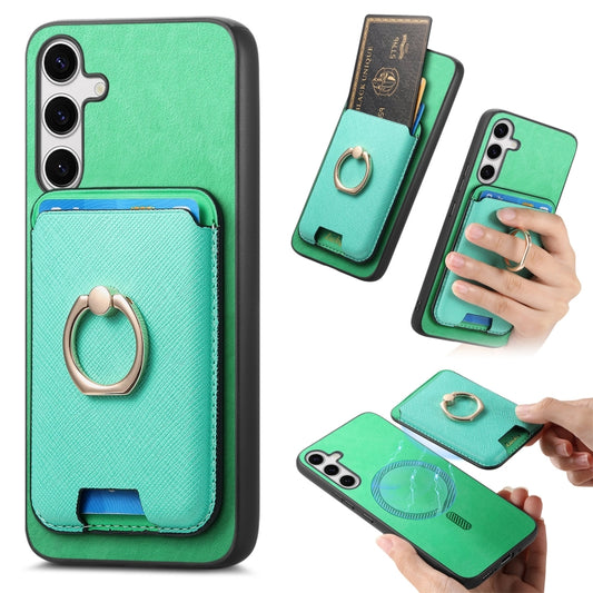 For Samsung Galaxy S25+ 5G Retro Cross Leather Ring Vertical Insert Card Bag MagSafe Phone Case(Green) by buy2fix