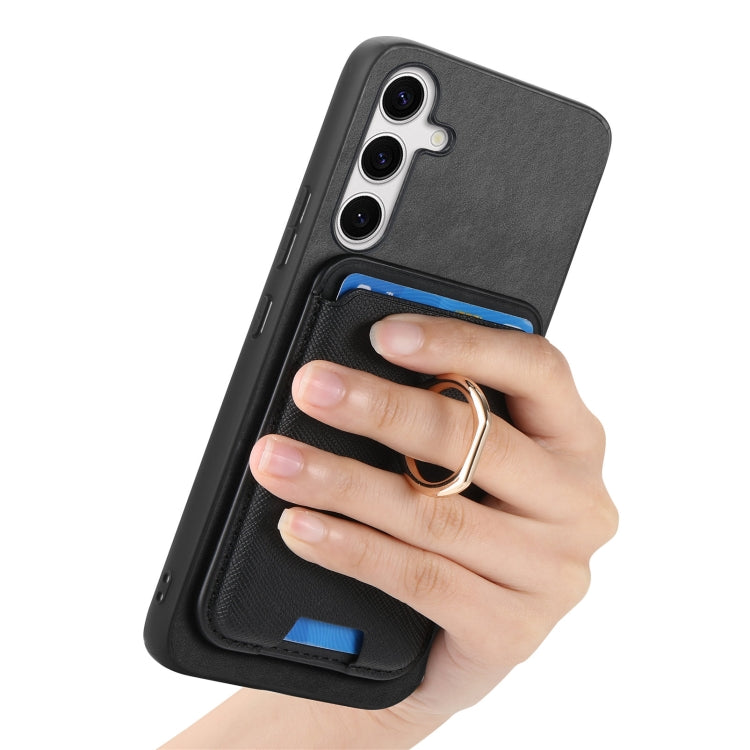 For Samsung Galaxy S25+ 5G Retro Cross Leather Ring Vertical Insert Card Bag MagSafe Phone Case(Black) by buy2fix