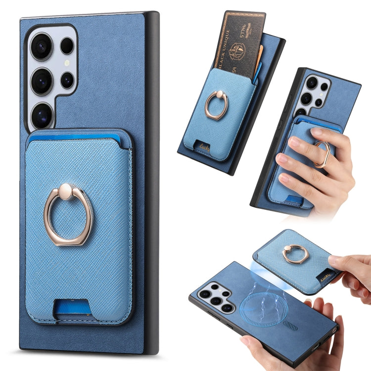 For Samsung Galaxy S25 Ultra 5G Retro Cross Leather Ring Vertical Insert Card Bag MagSafe Phone Case(Blue) by buy2fix