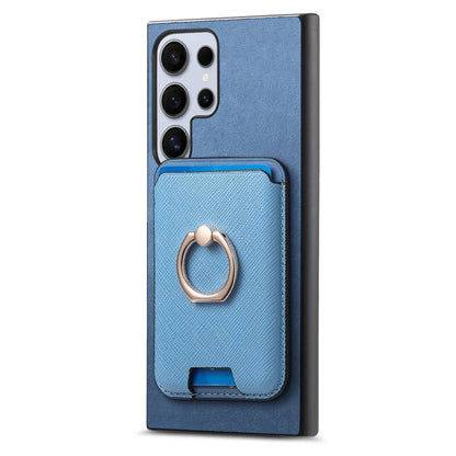 For Samsung Galaxy S25 Ultra 5G Retro Cross Leather Ring Vertical Insert Card Bag MagSafe Phone Case(Blue) by buy2fix