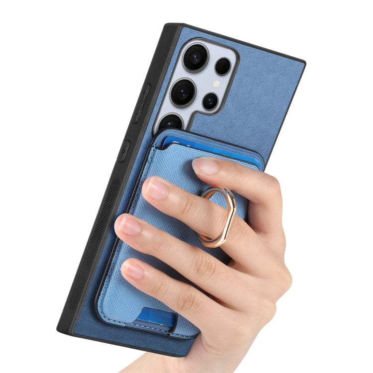 For Samsung Galaxy S25 Ultra 5G Retro Cross Leather Ring Vertical Insert Card Bag MagSafe Phone Case(Blue) by buy2fix