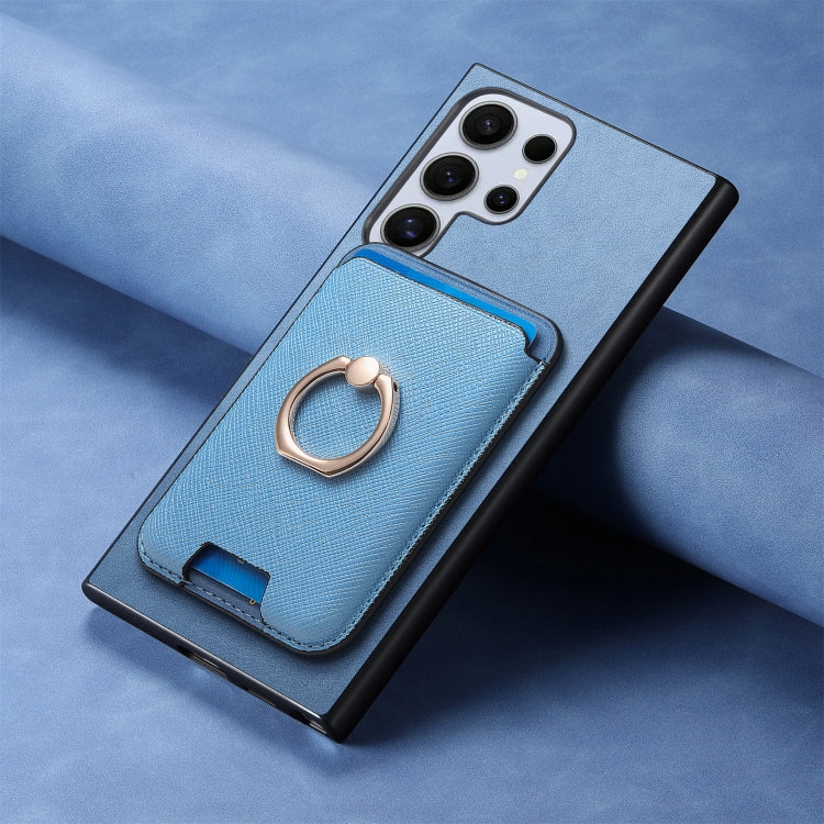 For Samsung Galaxy S25 Ultra 5G Retro Cross Leather Ring Vertical Insert Card Bag MagSafe Phone Case(Blue) by buy2fix