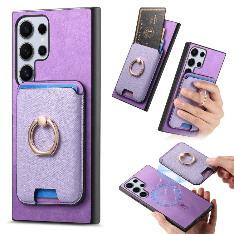 For Samsung Galaxy S25 Ultra 5G Retro Cross Leather Ring Vertical Insert Card Bag MagSafe Phone Case(Purple) by buy2fix
