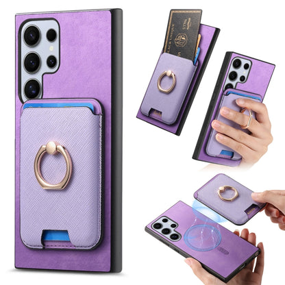 For Samsung Galaxy S25 Ultra 5G Retro Cross Leather Ring Vertical Insert Card Bag MagSafe Phone Case(Purple) by buy2fix