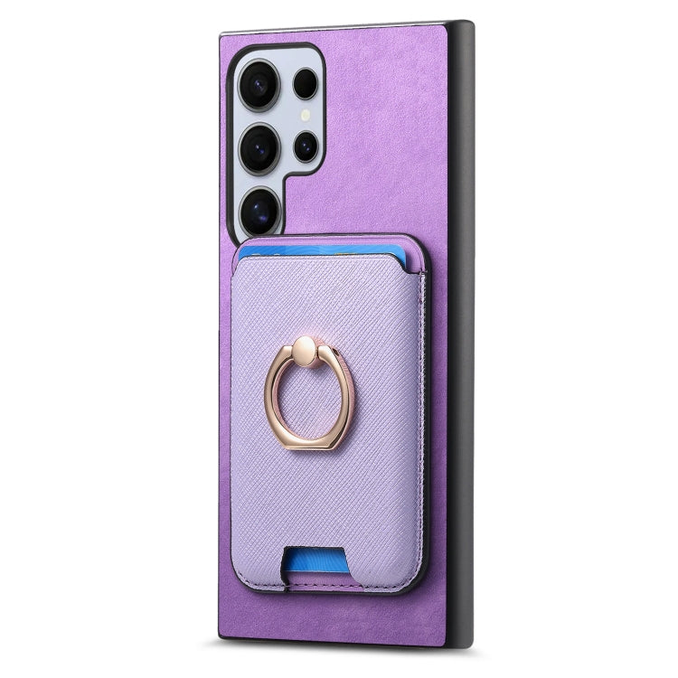 For Samsung Galaxy S25 Ultra 5G Retro Cross Leather Ring Vertical Insert Card Bag MagSafe Phone Case(Purple) by buy2fix