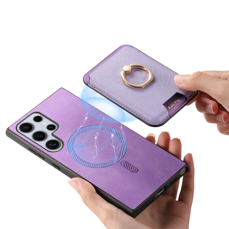 For Samsung Galaxy S25 Ultra 5G Retro Cross Leather Ring Vertical Insert Card Bag MagSafe Phone Case(Purple) by buy2fix