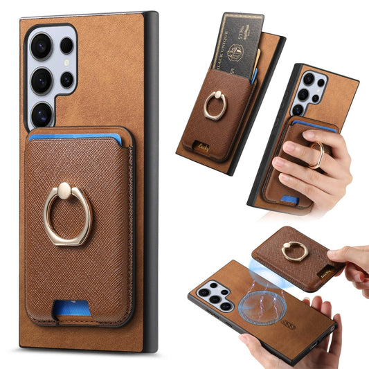 For Samsung Galaxy S25 Ultra 5G Retro Cross Leather Ring Vertical Insert Card Bag MagSafe Phone Case(Brown) by buy2fix