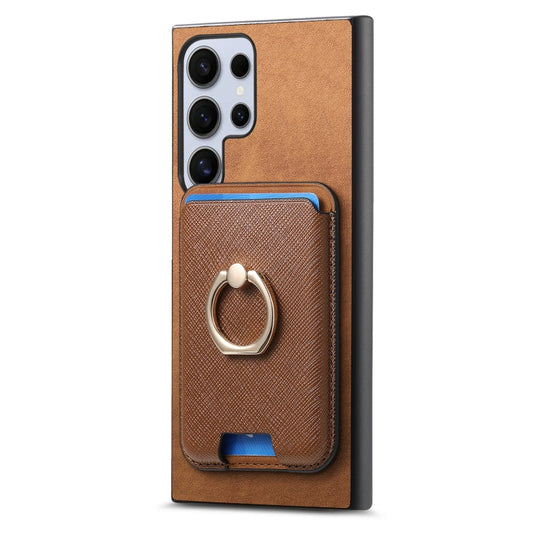 For Samsung Galaxy S25 Ultra 5G Retro Cross Leather Ring Vertical Insert Card Bag MagSafe Phone Case(Brown) by buy2fix