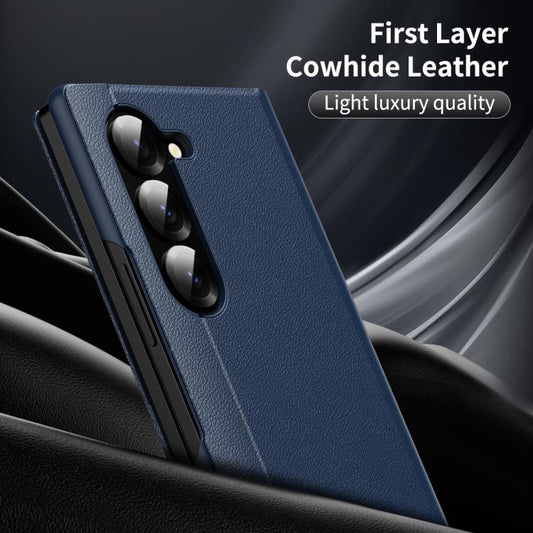 For Samsung Galaxy Z Fold5 5G Smart View Window Leather Phone Case with Card Slot(Blue) - Galaxy Z Fold5 Cases by buy2fix | Online Shopping UK | buy2fix