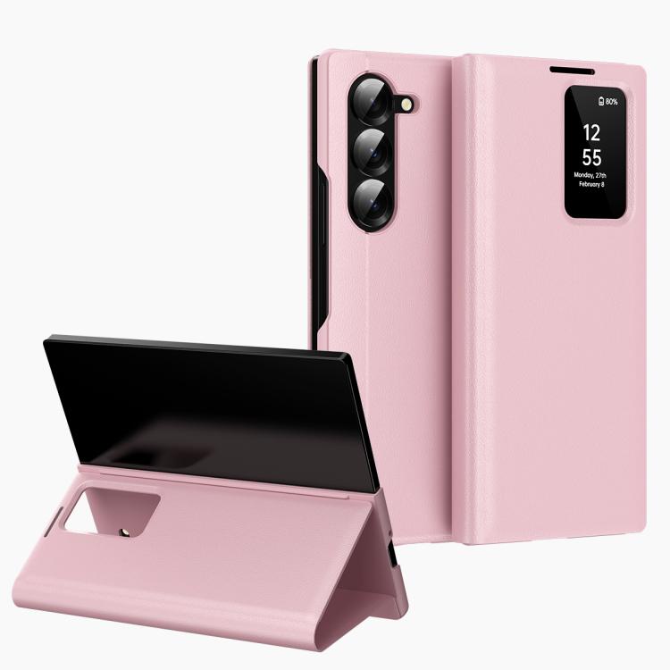 For Samsung Galaxy Z Fold5 5G Smart View Window Leather Phone Case with Card Slot(Pink) - Galaxy Z Fold5 Cases by buy2fix | Online Shopping UK | buy2fix