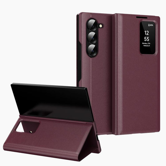 For Samsung Galaxy Z Fold5 5G Smart View Window Leather Phone Case with Card Slot(Red) - Galaxy Z Fold5 Cases by buy2fix | Online Shopping UK | buy2fix
