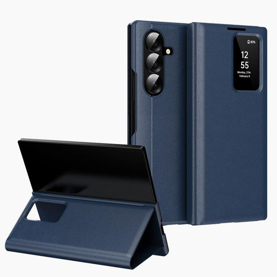 For Galaxy Z Fold7 5G Smart View Window Leather Phone Case with Card Slot(Blue)