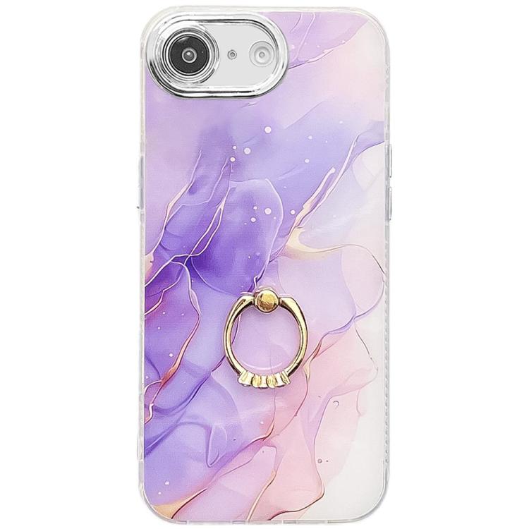 For iPhone 16e Electroplated Marble Texture Ring Holder Phone Case(Purple S3) - iPhone 16e Cases by buy2fix | Online Shopping UK | buy2fix