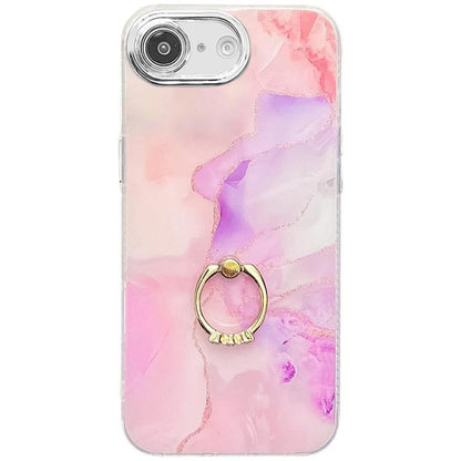 For iPhone 16e Electroplated Marble Texture Ring Holder Phone Case(Pink Purple S4) - iPhone 16e Cases by buy2fix | Online Shopping UK | buy2fix