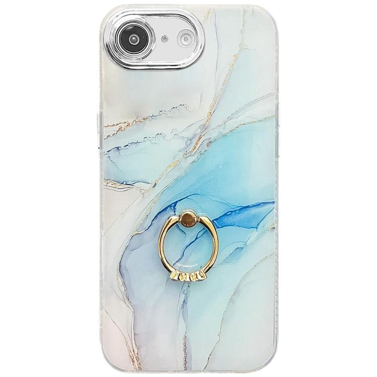 For iPhone 16e Electroplated Marble Texture Ring Holder Phone Case(Light Blue S5) - iPhone 16e Cases by buy2fix | Online Shopping UK | buy2fix
