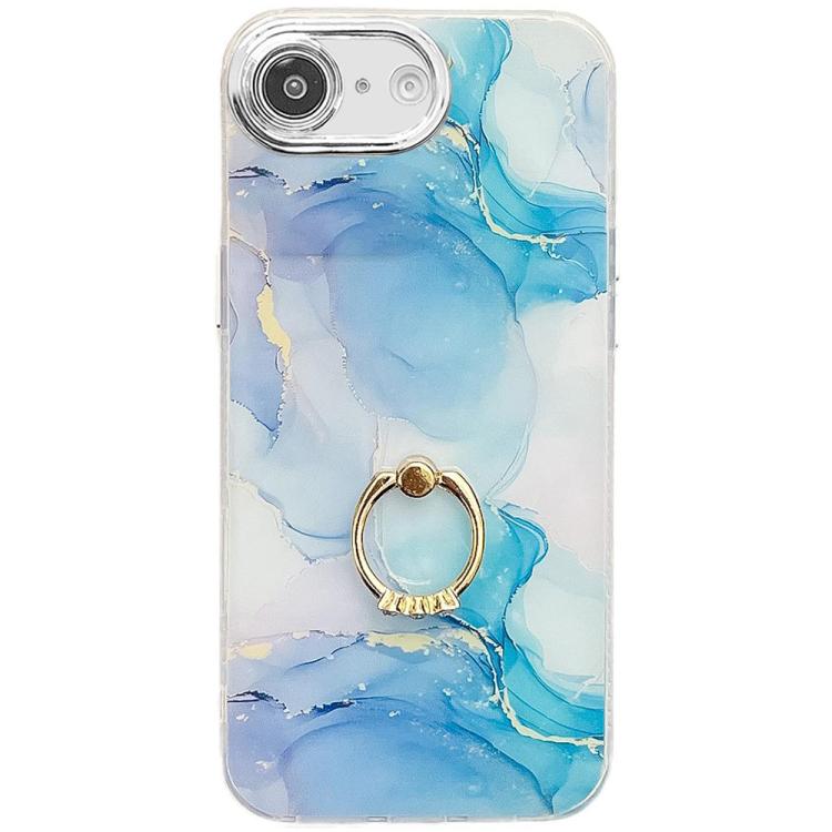 For iPhone 16e Electroplated Marble Texture Ring Holder Phone Case(Blue Green S9) - iPhone 16e Cases by buy2fix | Online Shopping UK | buy2fix